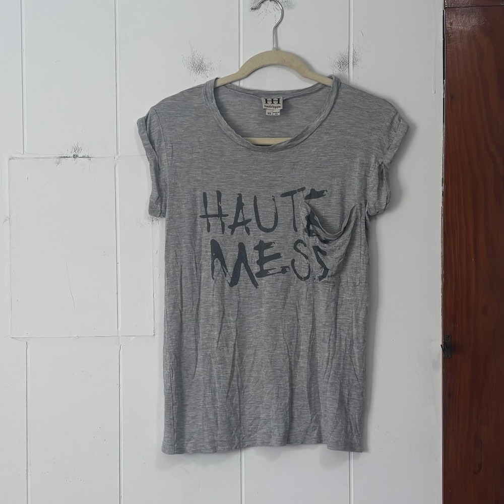 Haute Hippie Haute Mess Graphic Pocket Tee Gray Modal Scoop Neck XS Grunge Indie